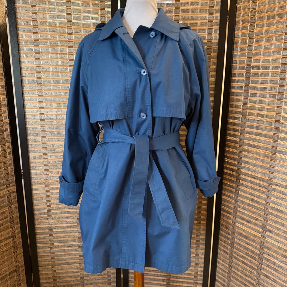London Fog Trench Coat Women 8 Reg Blue Vintage Belted Hooded Plaid Liner USA